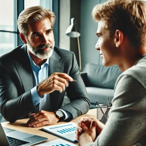 AI afbeelding van een coach en ondernemer in een 1-op-1 coaching sessie